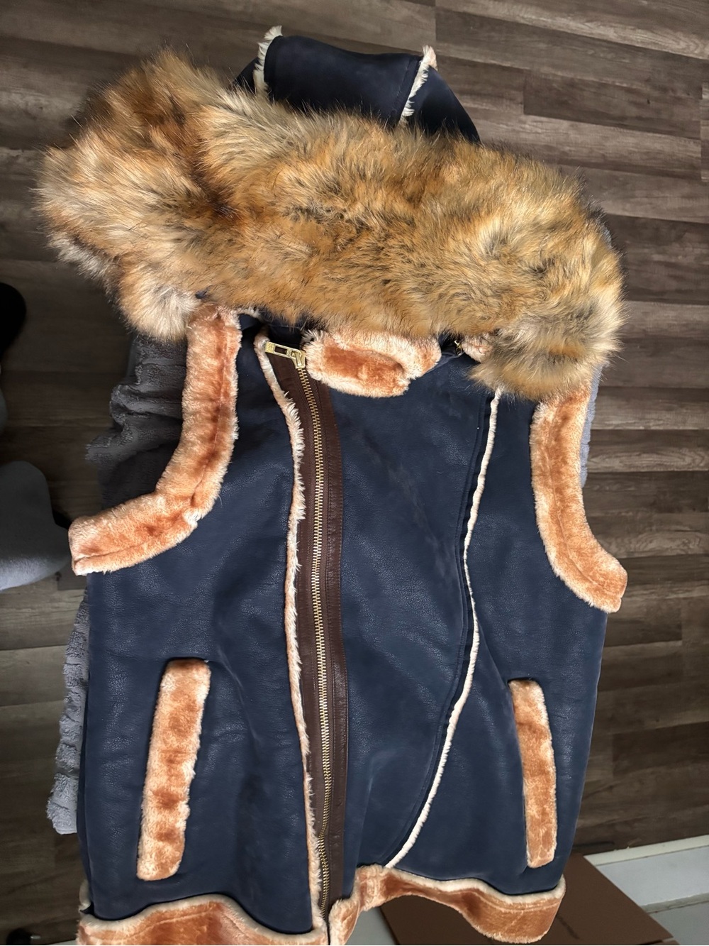 Jordan Craig Navy Vest with Tan Faux Fur Trim